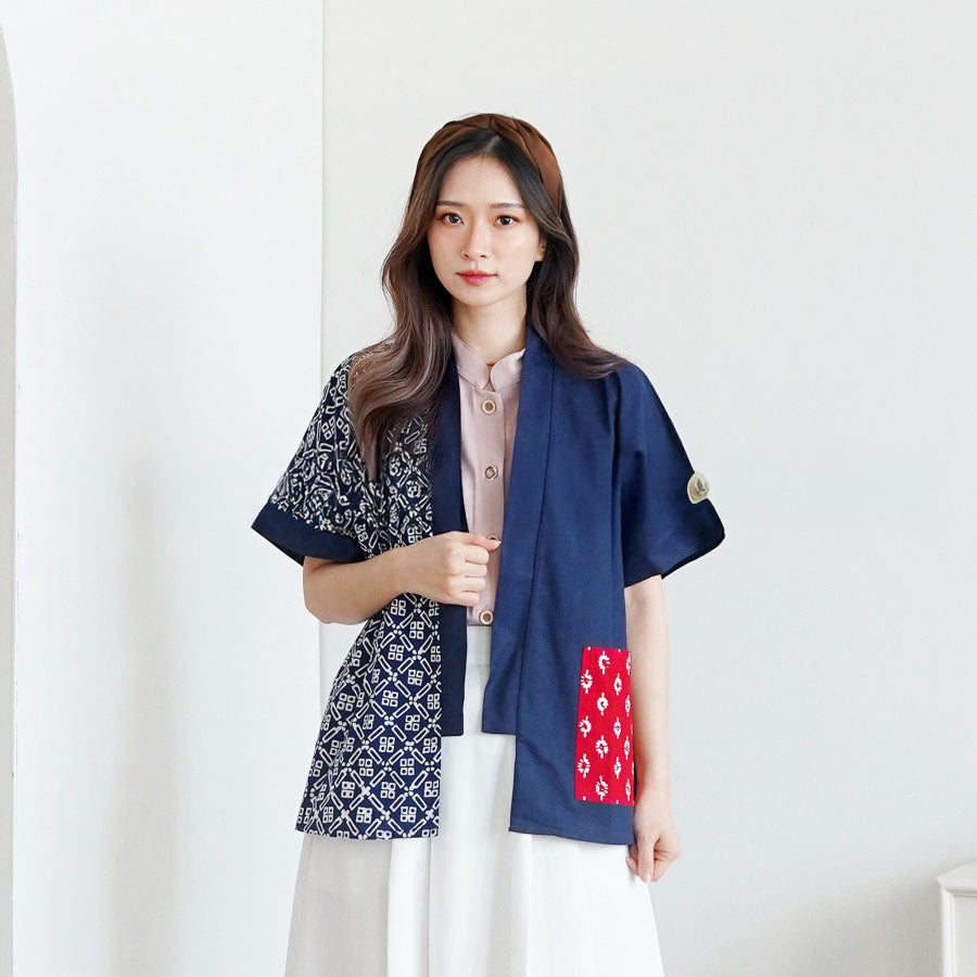 Women's Batik Kimono Jacket - Artisanal Embroidery - blue