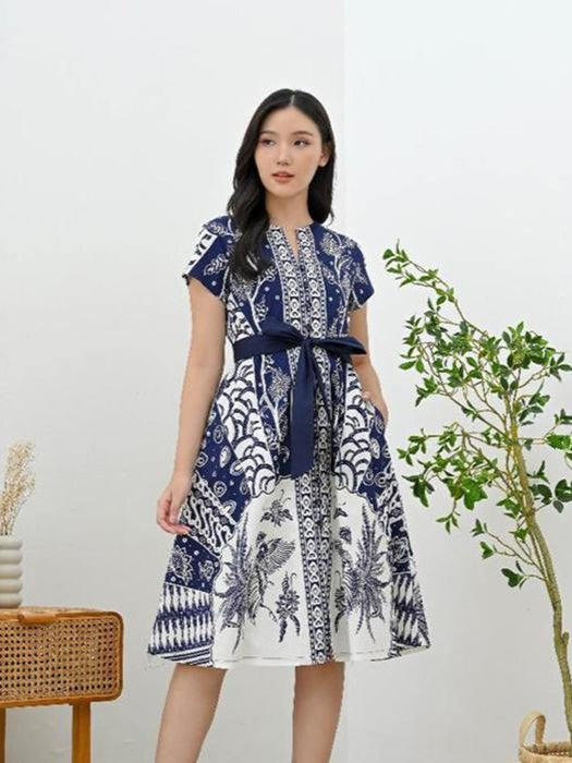 Women's Batik Midi Dress - Blue Floral