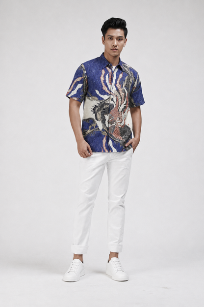 Mens Batik Shirt – Azure Phoenix | Short Sleeves