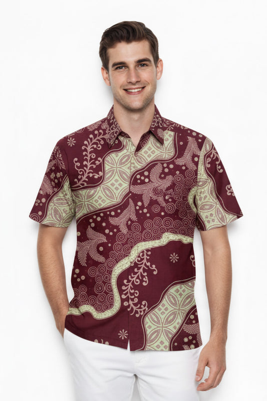 Men's Batik Shirt – Crimson Laurel  Short Sleeves 1