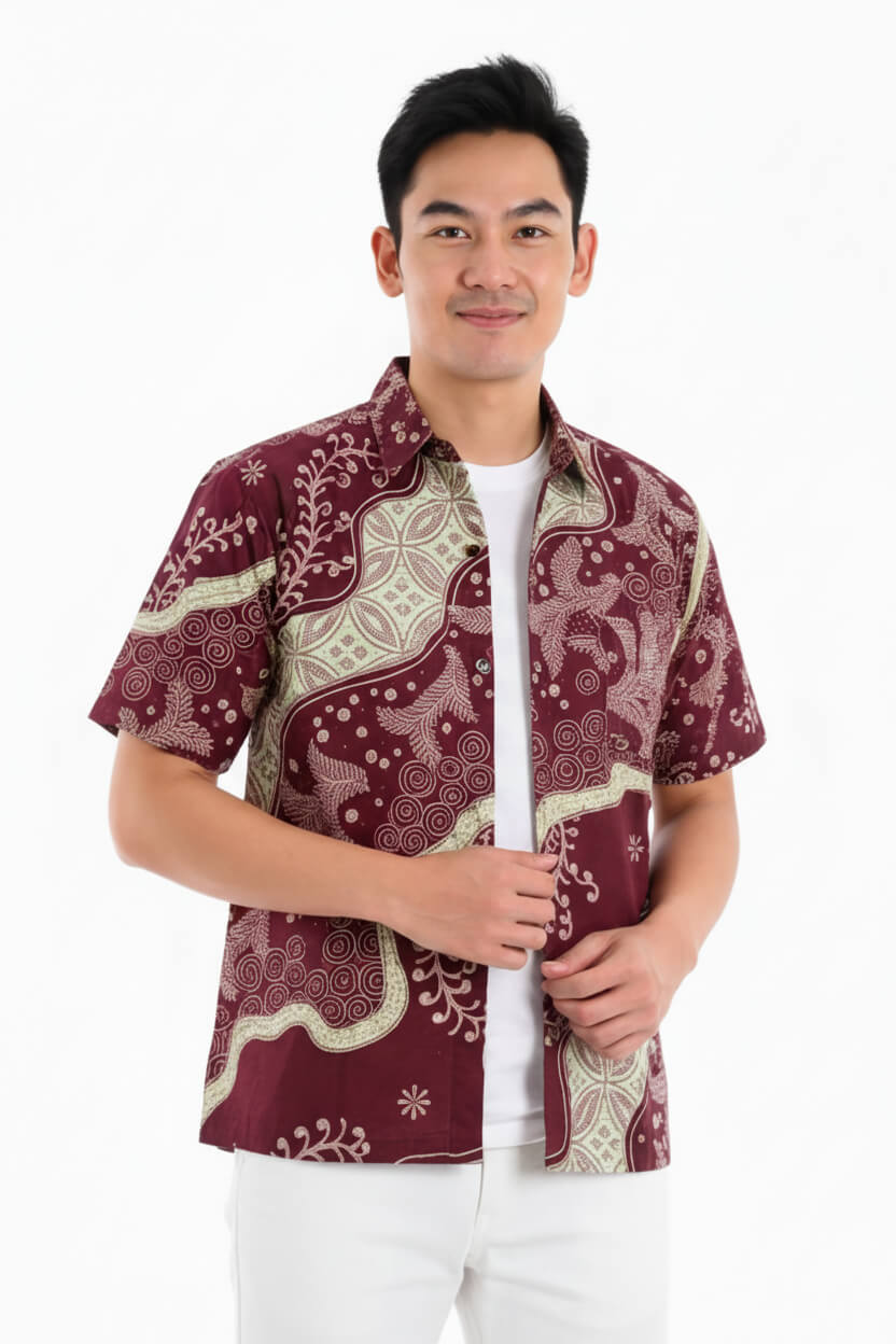 Men's Batik Shirt – Crimson Laurel  Short Sleeves 2