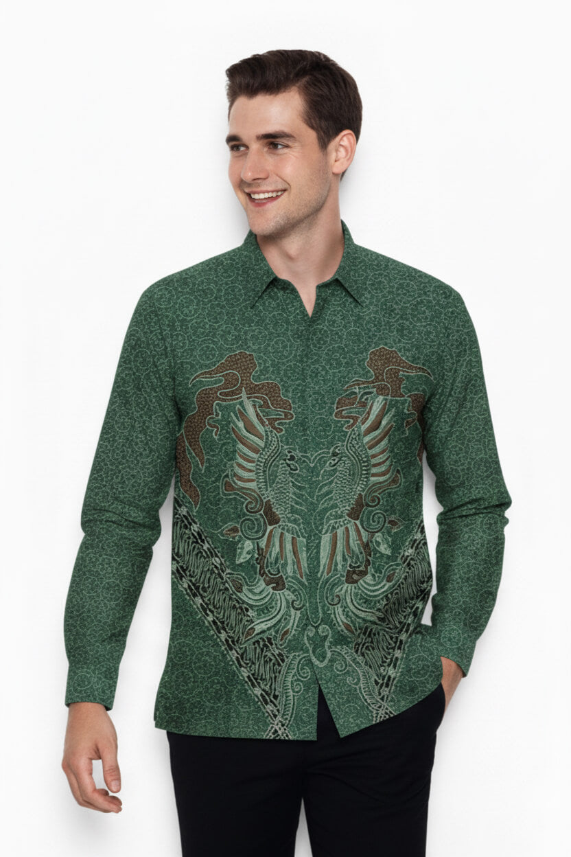 Men’s Long Sleeve Batik Shirt – Emerald Phoenix | Batik Malaysia 2