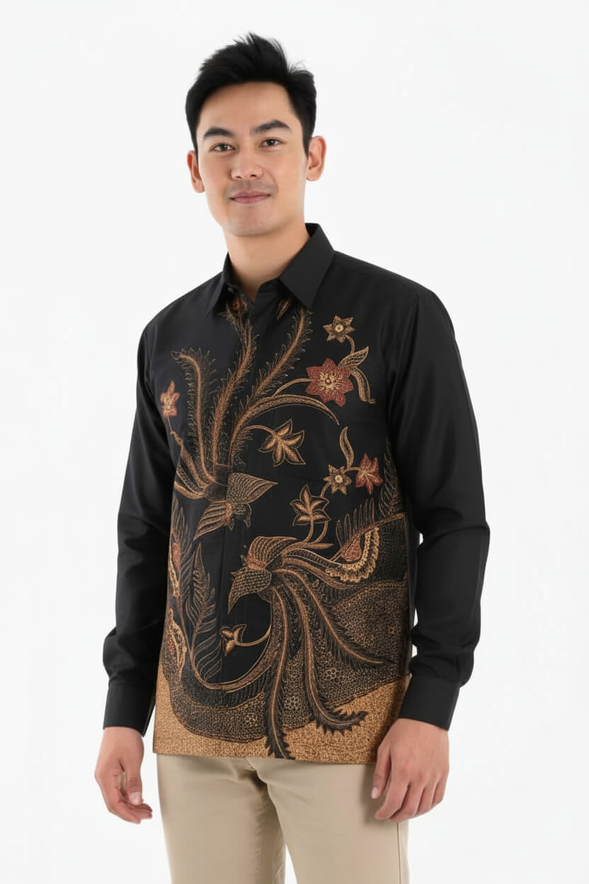 Men’s Batik Shirt – Golden Aviary | Long Sleeves 1
