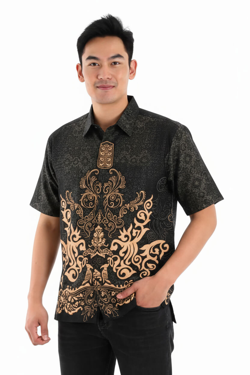 Men’s Batik Shirt – Obsidian Crest | Short Sleeves 1
