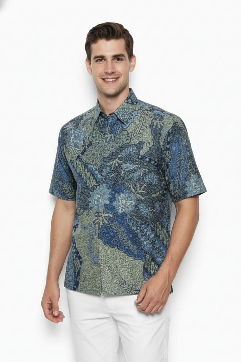 Men's Batik Shirt – Azure Fern | Short Sleeves