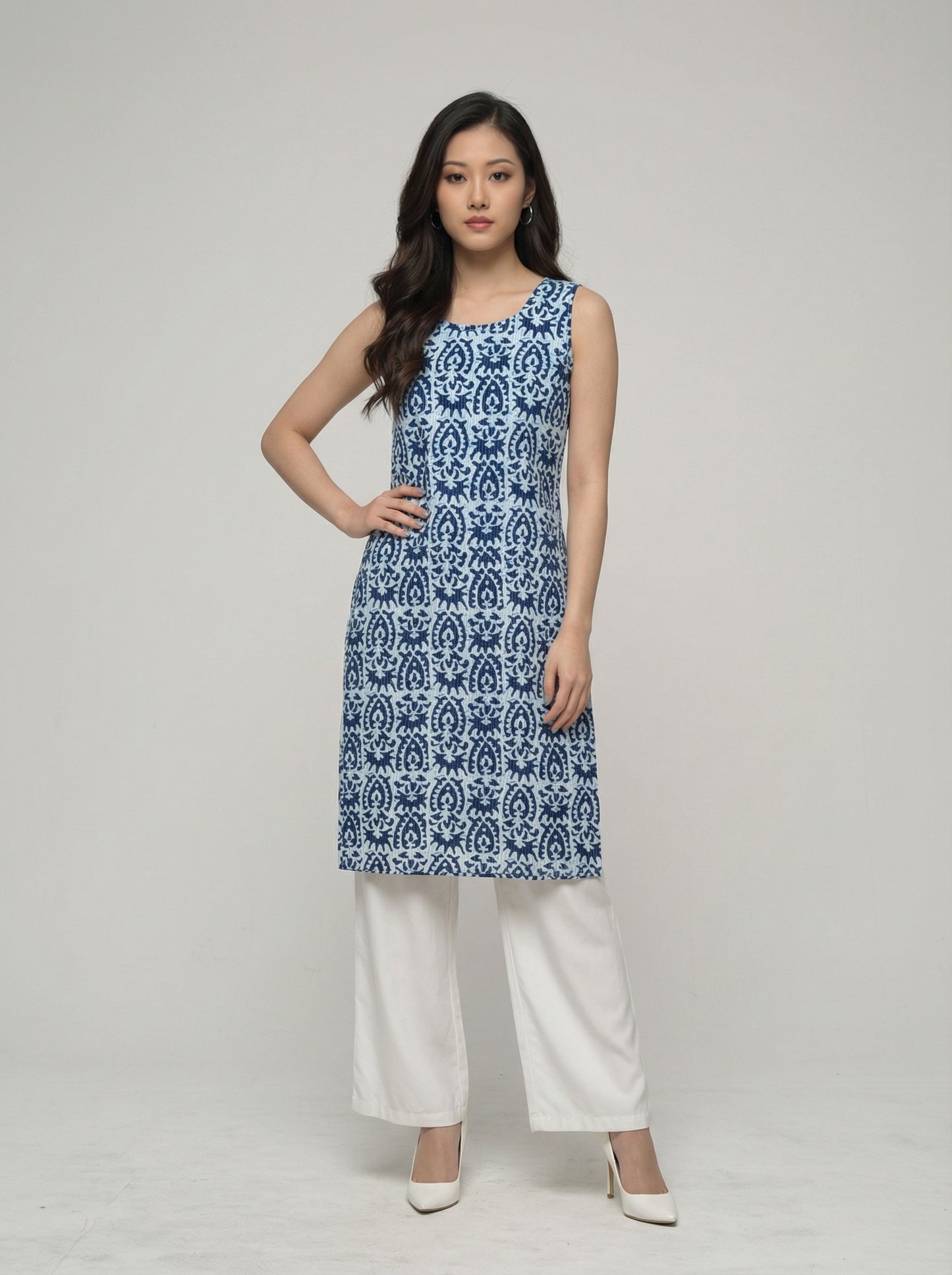 Women’s Batik Kurti – Indigo Tile Sleeveless