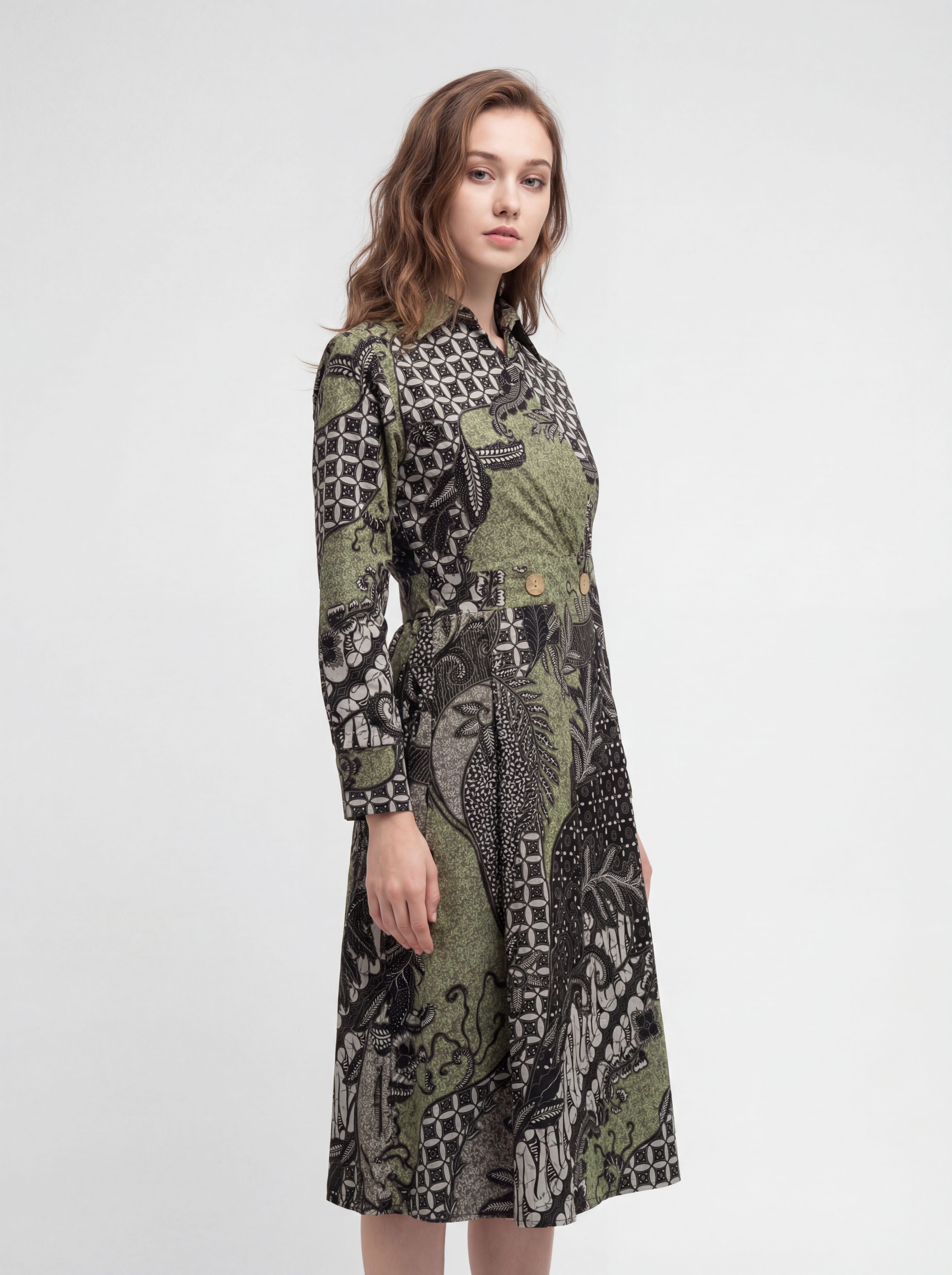 Women's Batik A-Line Shirt Dress - Verdant Grove - front