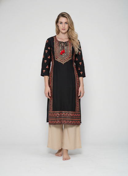 Women’s Batik Kurti – Black Ember Threadwork 1