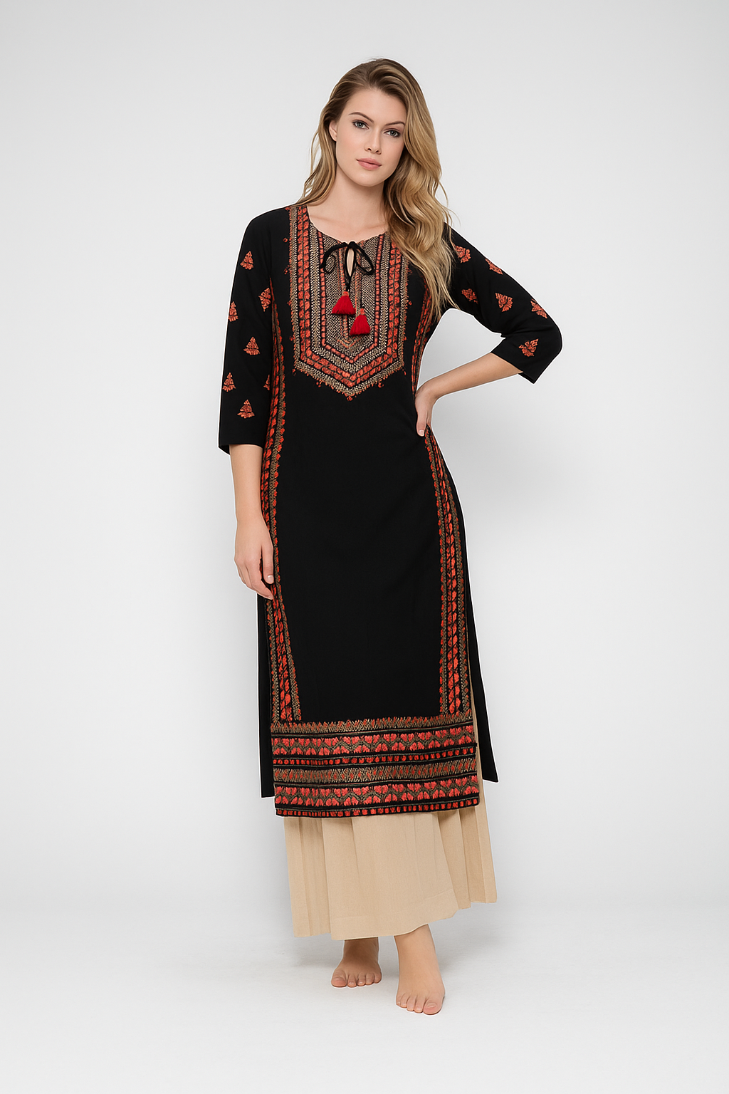 Women’s Batik Kurti – Black Ember Threadwork 3