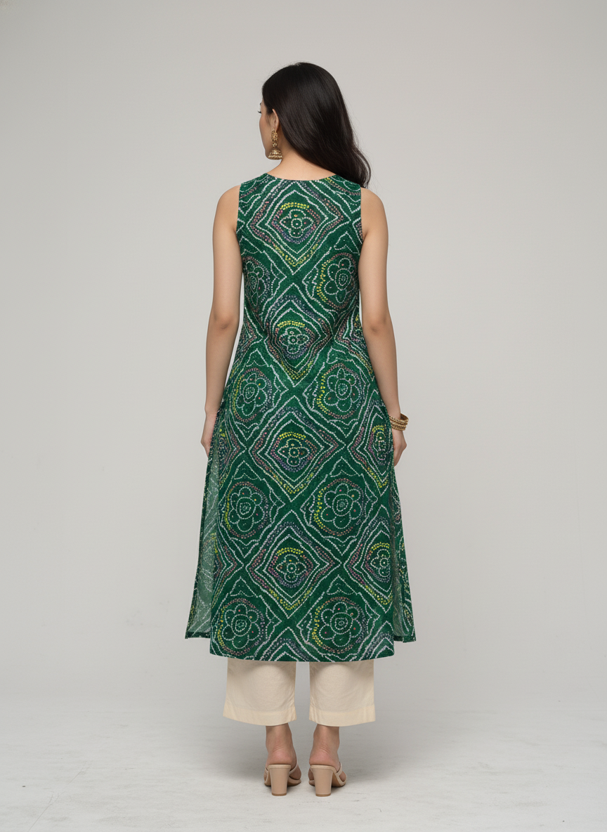 Women’s Batik Kurti – Emerald Mosaic Sleeveless 1
