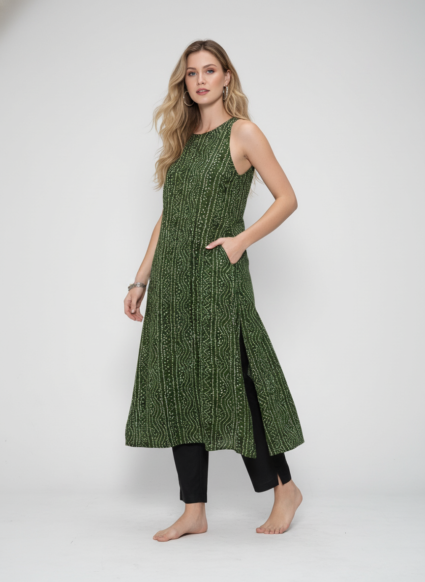 Women’s Batik Kurti – Forest Rhythm Sleeveless 1