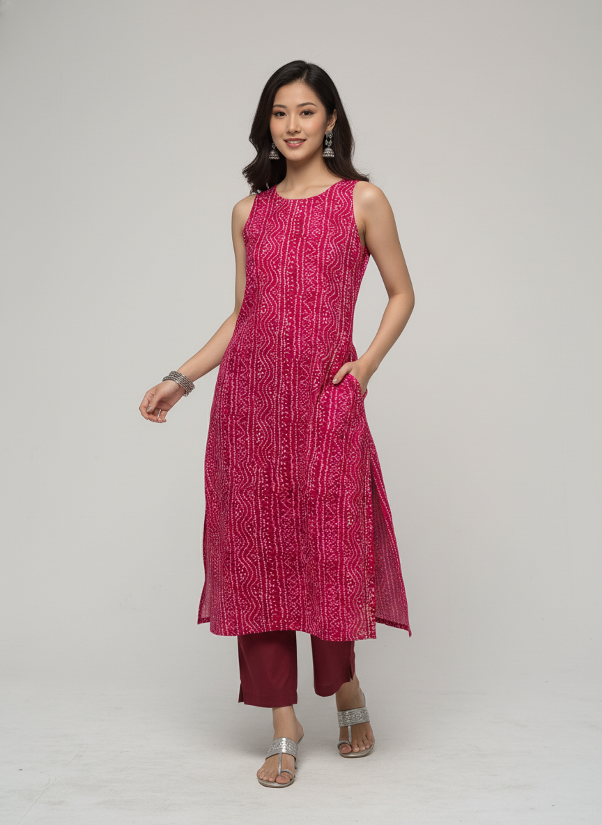 Women’s Batik Kurti – Fuchsia Rhythm Sleeveless 1