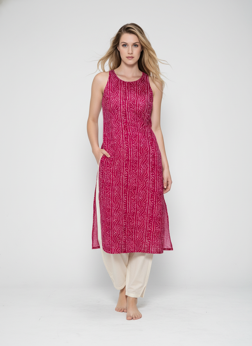 Women’s Batik Kurti – Fuchsia Rhythm Sleeveless 3