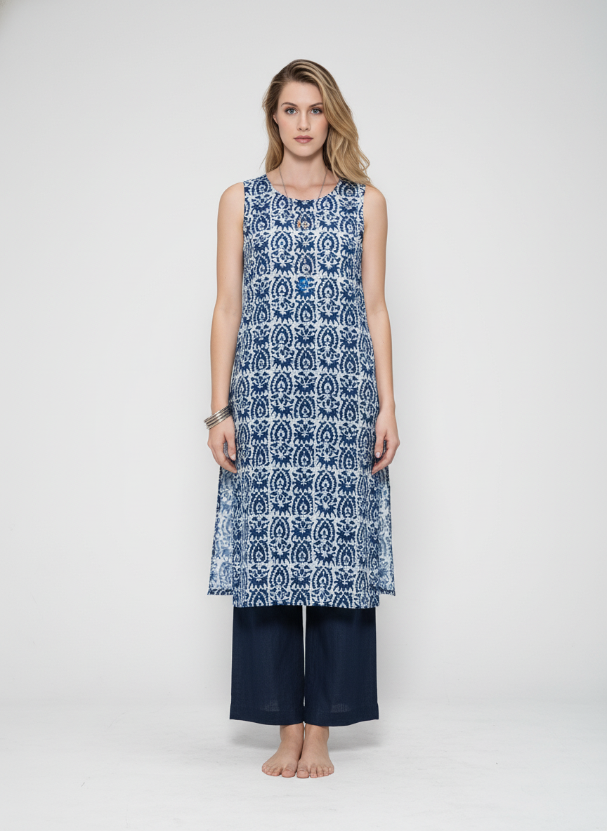 Women’s Batik Kurti – Indigo Tile Sleeveless 1