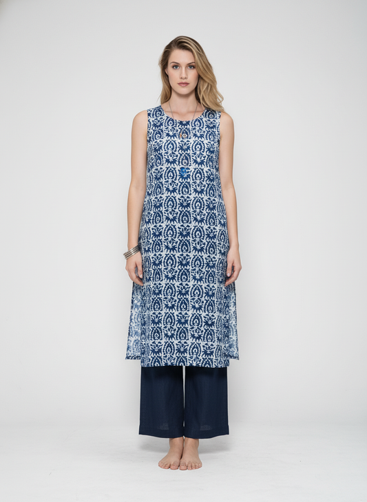 Women’s Batik Kurti – Indigo Tile Sleeveless 1