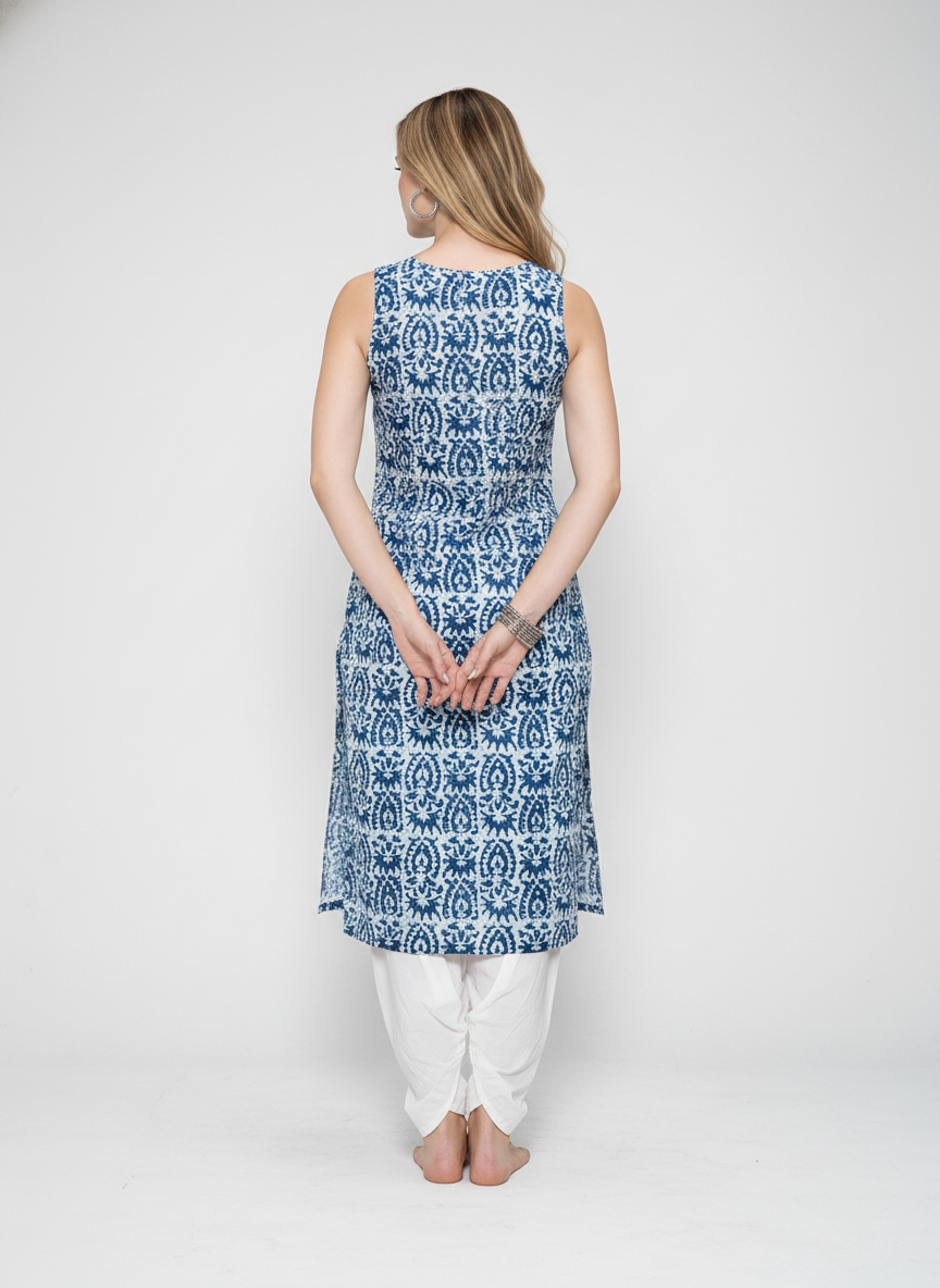 Women’s Batik Kurti – Indigo Tile Sleeveless 3