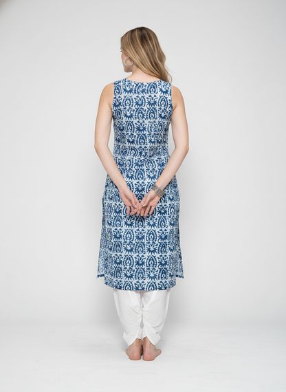 Women’s Batik Kurti – Indigo Tile Sleeveless 3