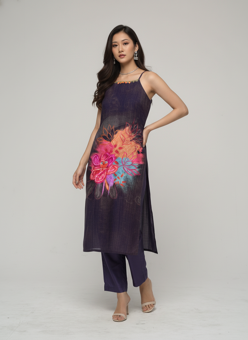 Women’s Batik Kurti – Midnight Bloom Sleeveless 1