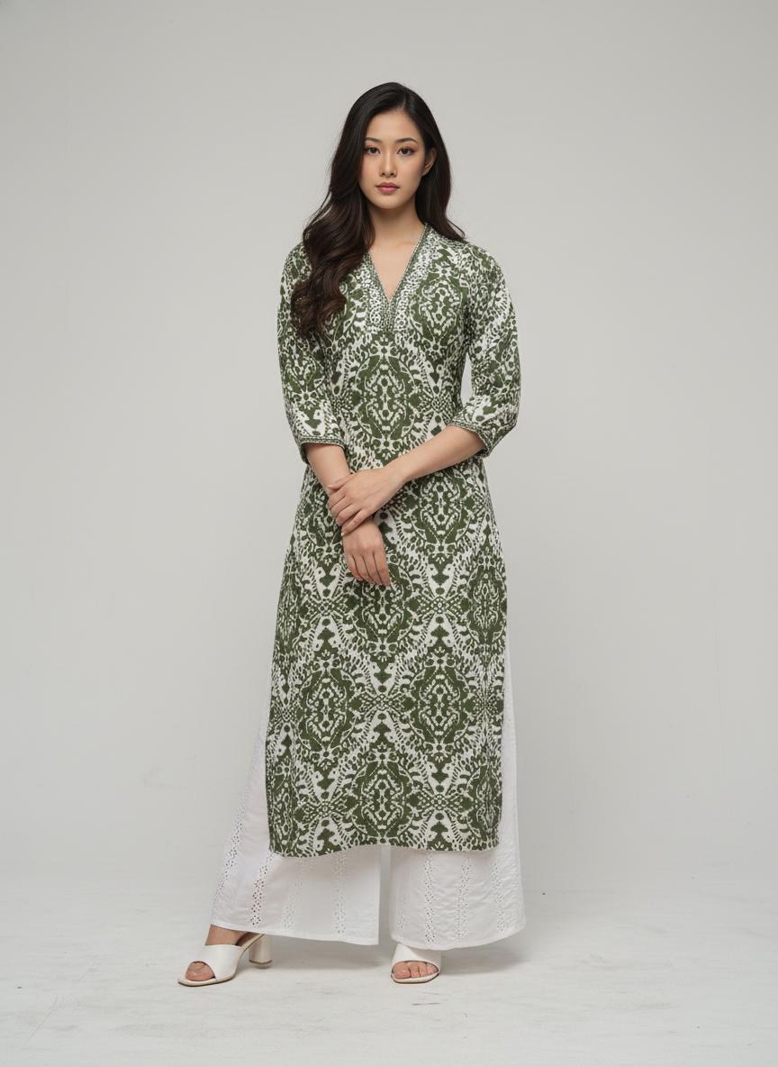 Women’s Batik Kurti – Olive Ethnic Harmony 1