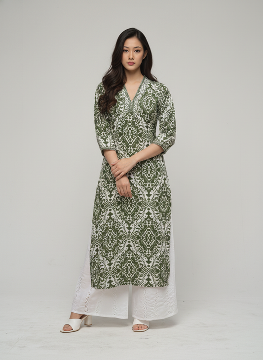 Women’s Batik Kurti – Olive Ethnic Harmony 1