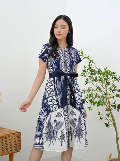 Women's Batik Midi Dress - Blue Floral