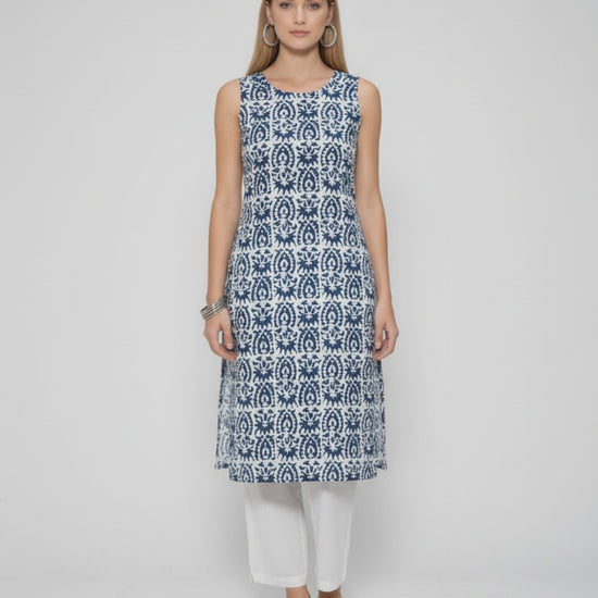 Women’s Batik Kurti – Indigo Tile Sleeveless - video